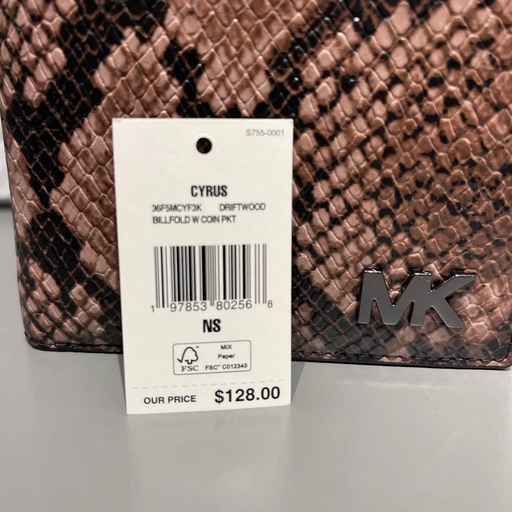 MICHAEL KORS Cyrus Snake Embossed Billfold Wallet With Coin Pouch Driftwood  NWT